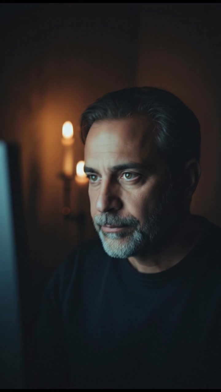 A close-up of Omar with a thoughtful expression, looking at a glowing screen in a dimly lit room.