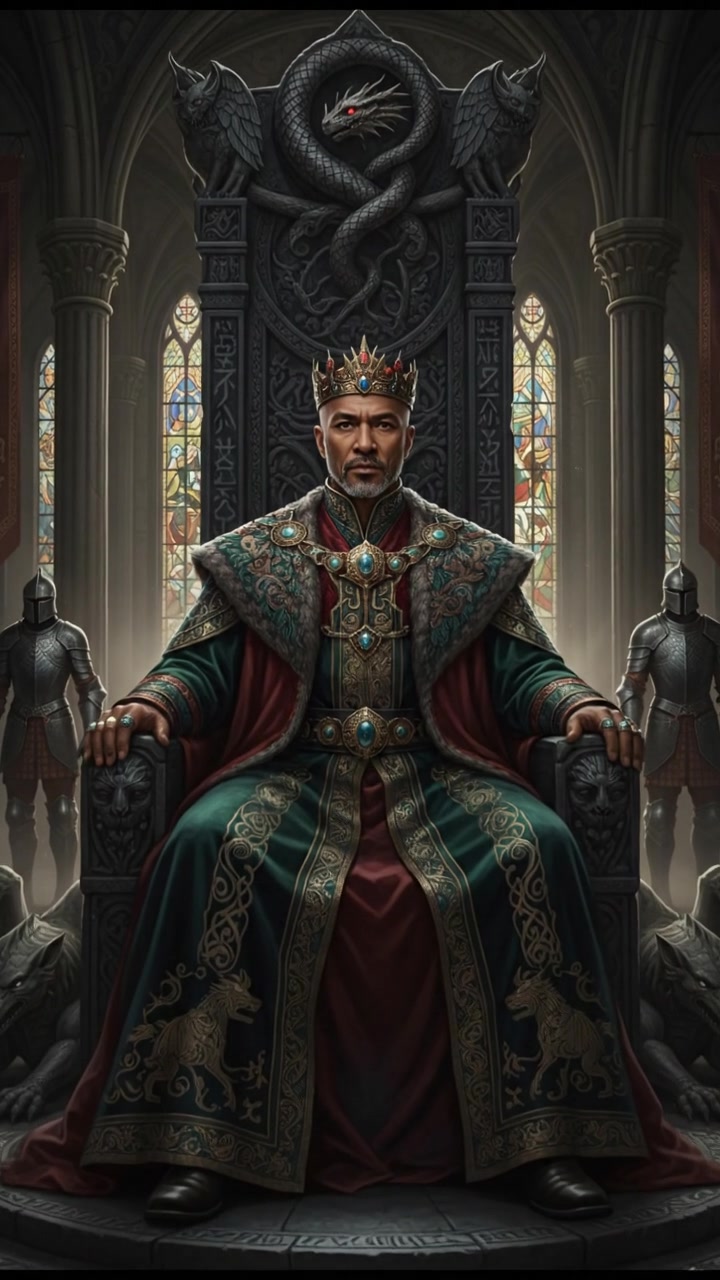A portrait of Kwame, wearing regal robes, sitting on a throne in a grand palace filled with ornate decorations.