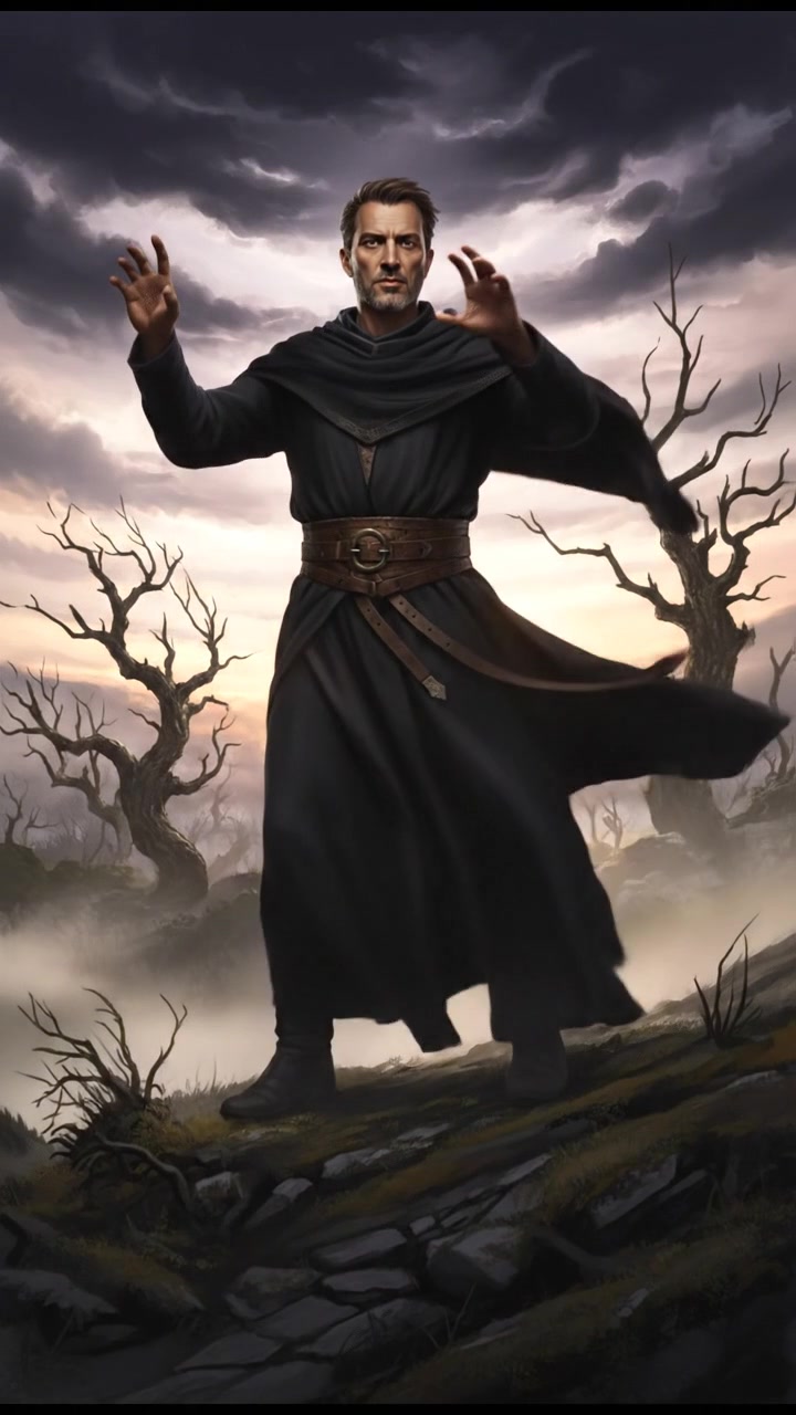 Omar stands on a hilltop, gesturing towards the sky with a commanding expression.