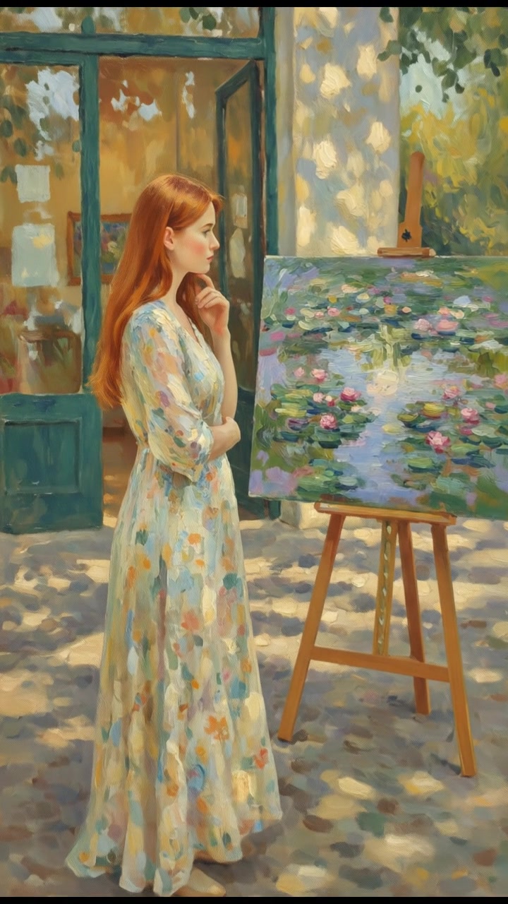 Emma standing in front of a gallery, staring at a painting with a thoughtful expression.