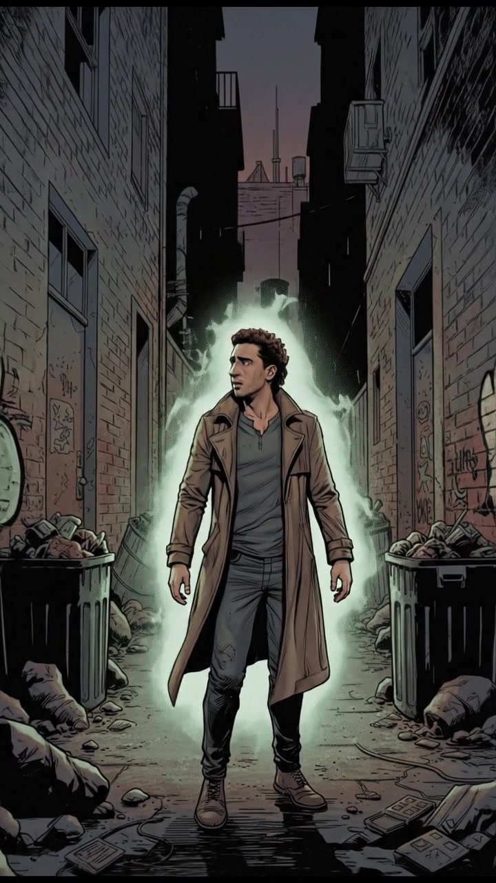 Mateo standing in a dark alley, with a mysterious glow surrounding him, showing his confused expression.