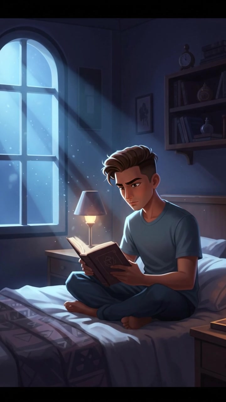 Arjun sitting on a bed at night, looking intently at a book while the moonlight spills through the window.