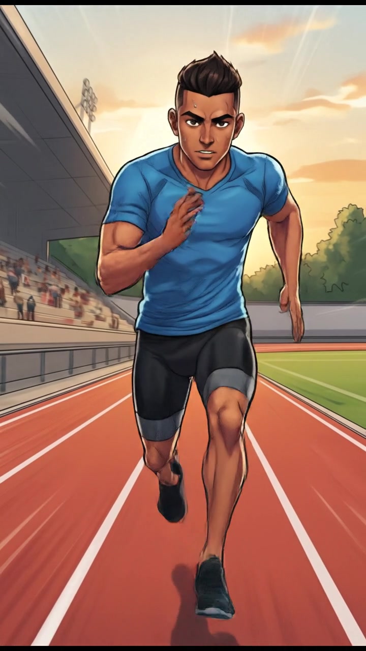 Arjun running on a track with a focused expression, blurred background indicating speed.