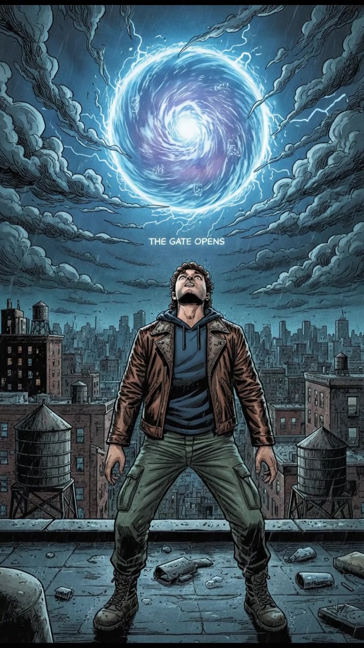 Mateo standing on a rooftop, looking surprised at a shimmering portal in the night sky.