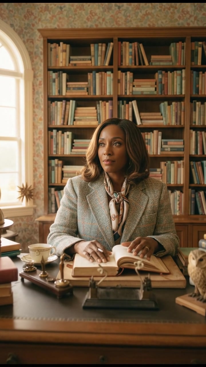 A close-up of Monique looking contemplative, surrounded by books and a writing desk.