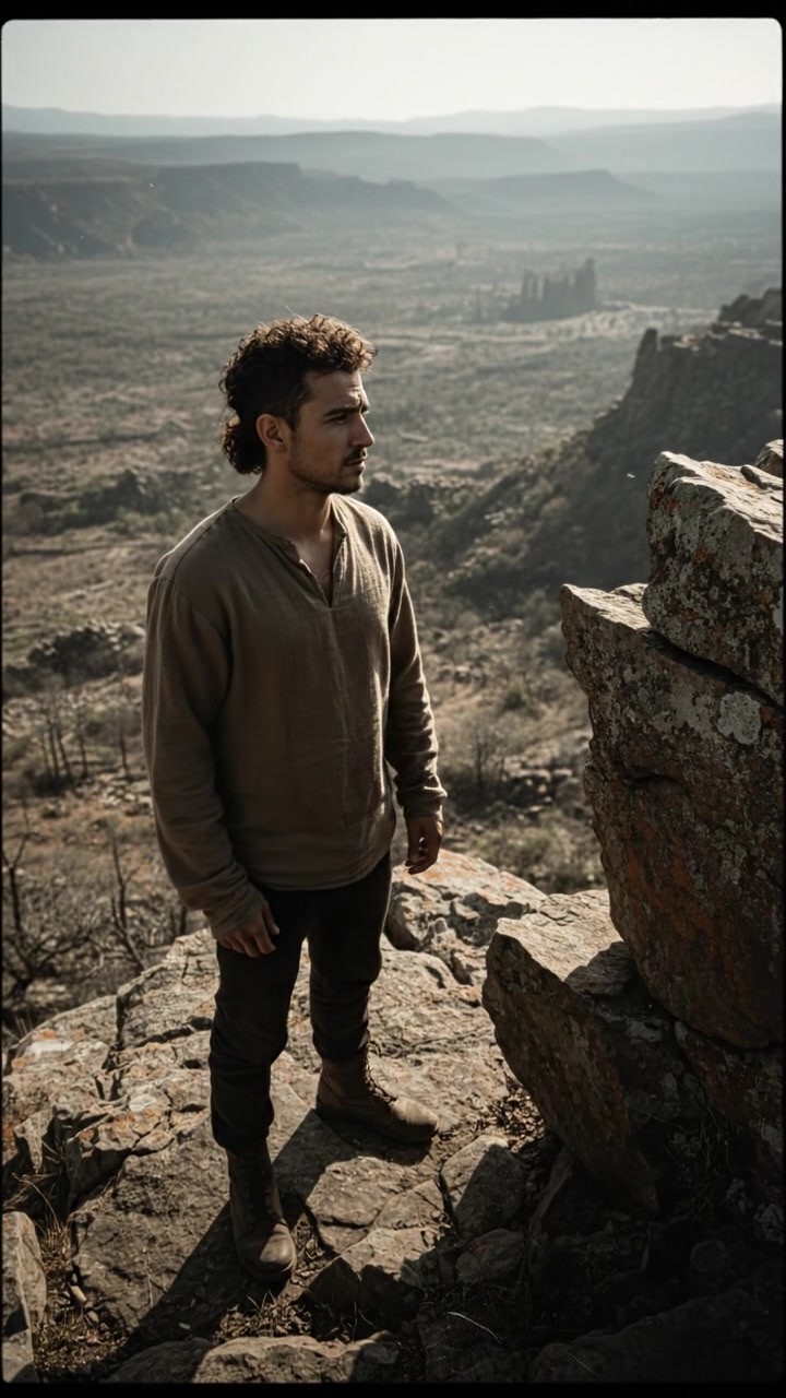 The Mateo standing on a rocky cliff, looking out over a vast valley, deep in thought.