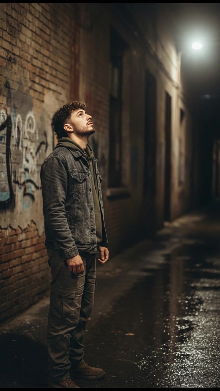 Mateo standing alone in a dimly lit alley, looking down with a weary expression.
