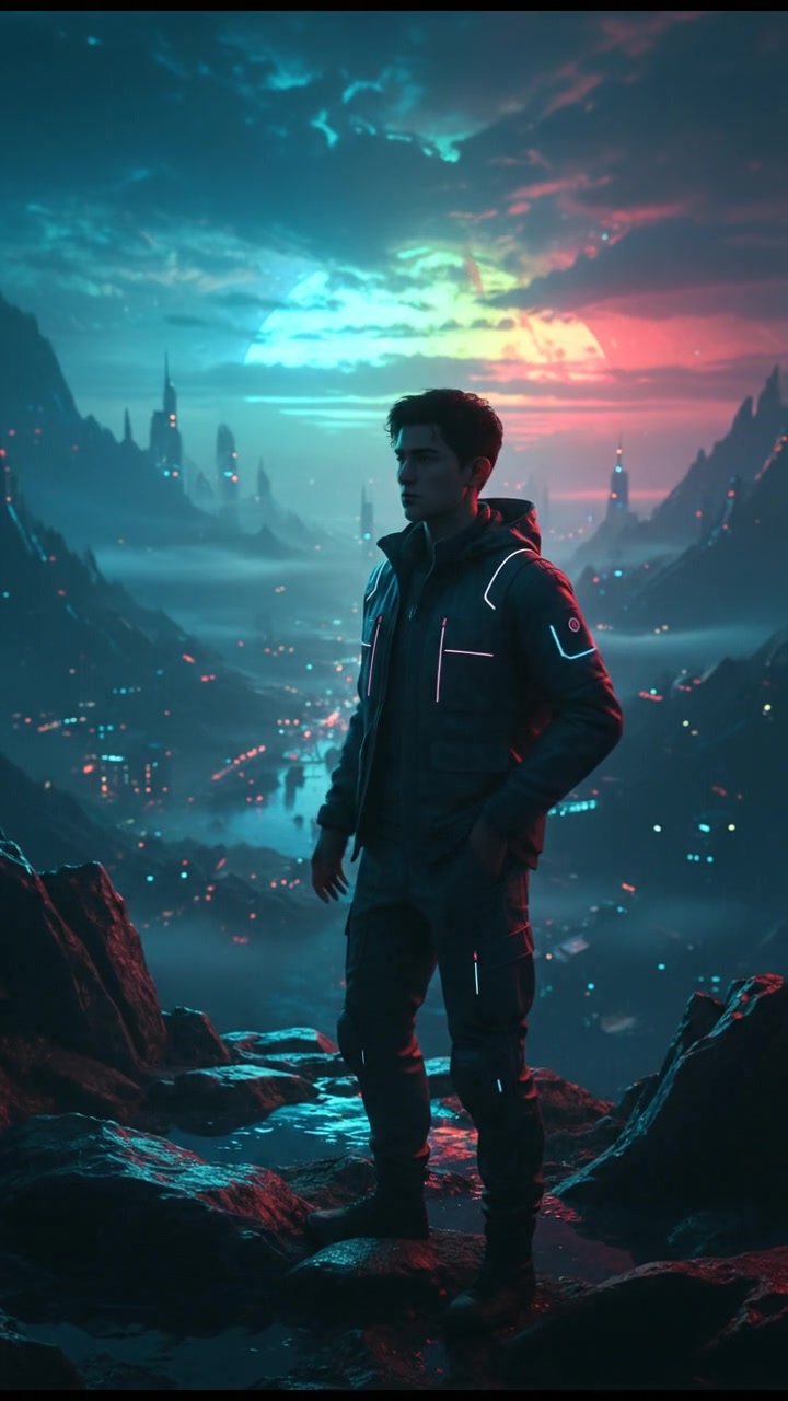 Ken stands on a mountain peak, overlooking a vast valley with a sunset in the background.