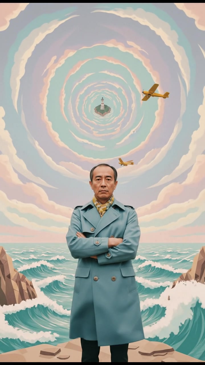 Hiro stands defiantly on a cliff, overlooking a stormy sea, dramatic clouds overhead.