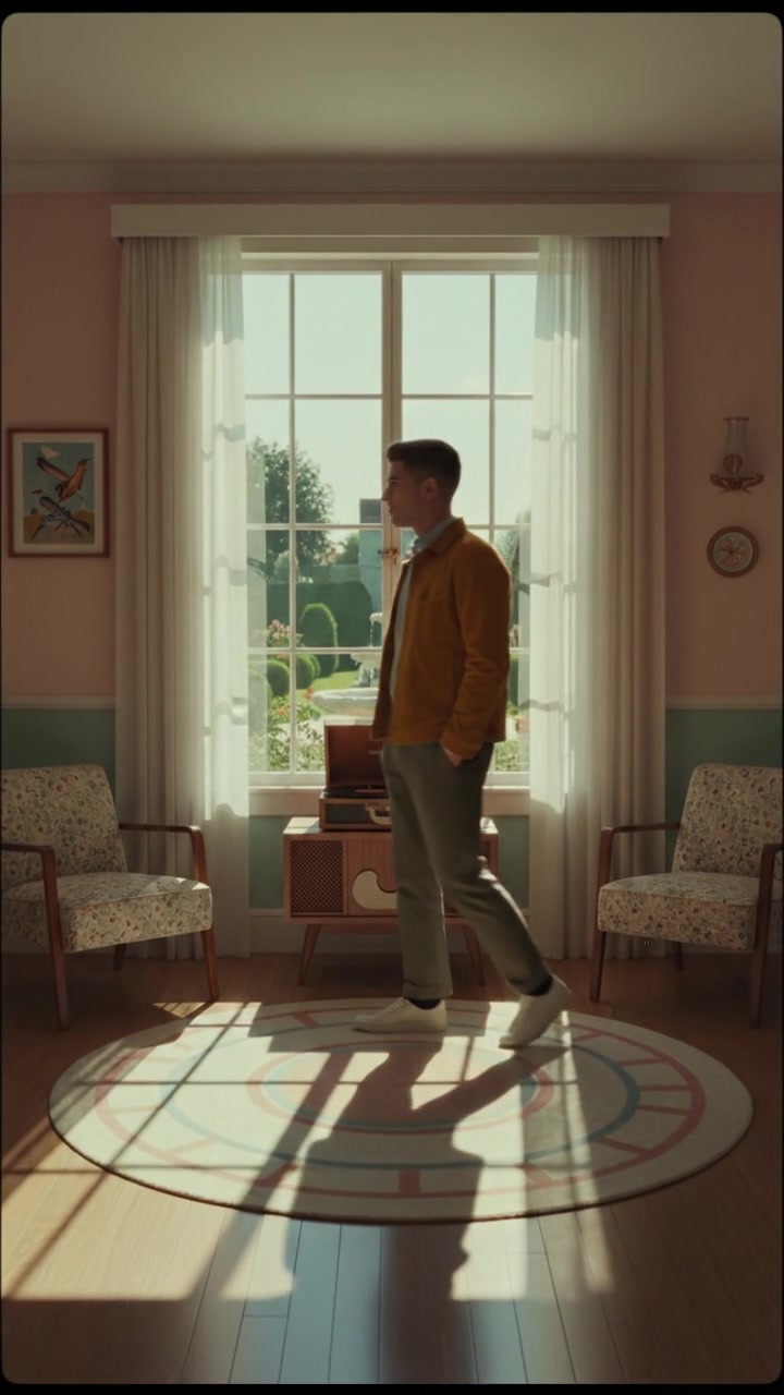 Amir stands in a cozy living room, looking thoughtfully out a window, sunlight streaming in.