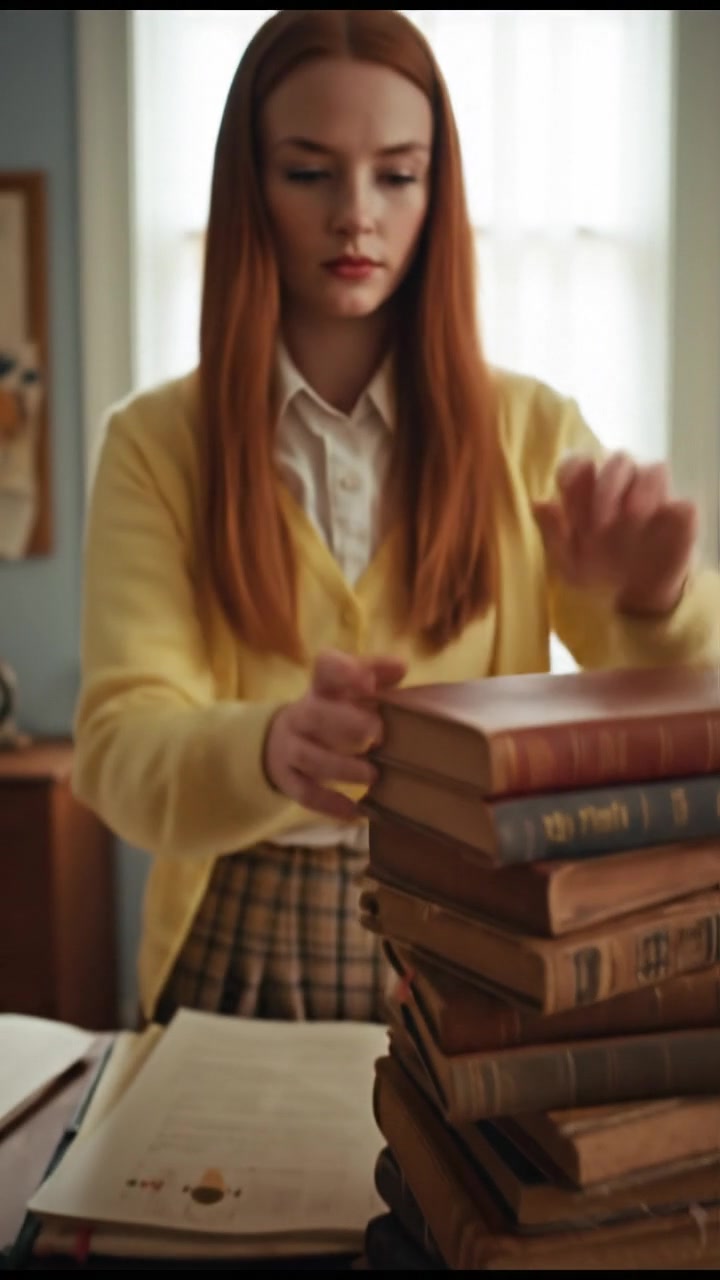 Emma is sitting at a desk cluttered with papers, looking under a stack of books.