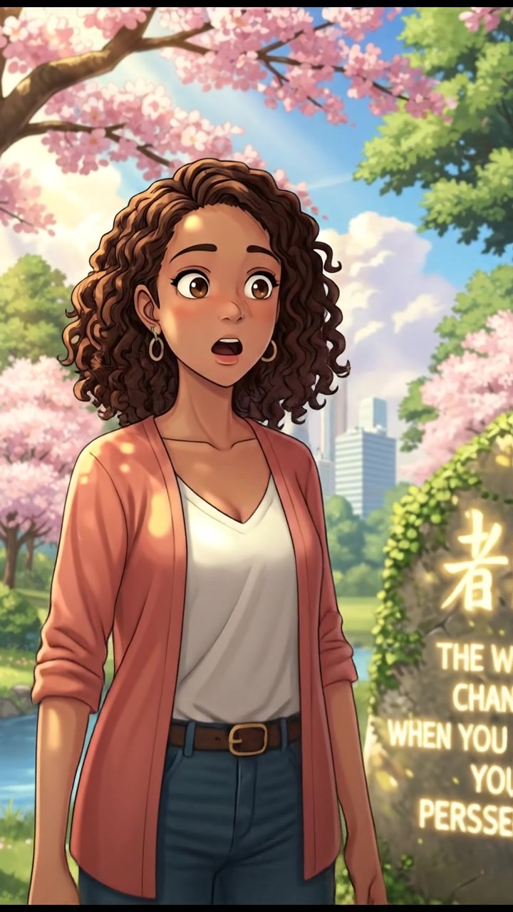 Nia standing still in the park, her gaze fixed on the quote, with a surprised expression.