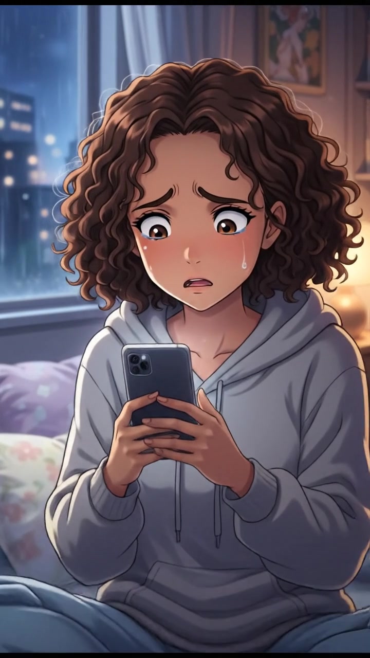 A worried Nia sitting on her bed, looking at her phone with a concerned expression, surrounded by pillows.