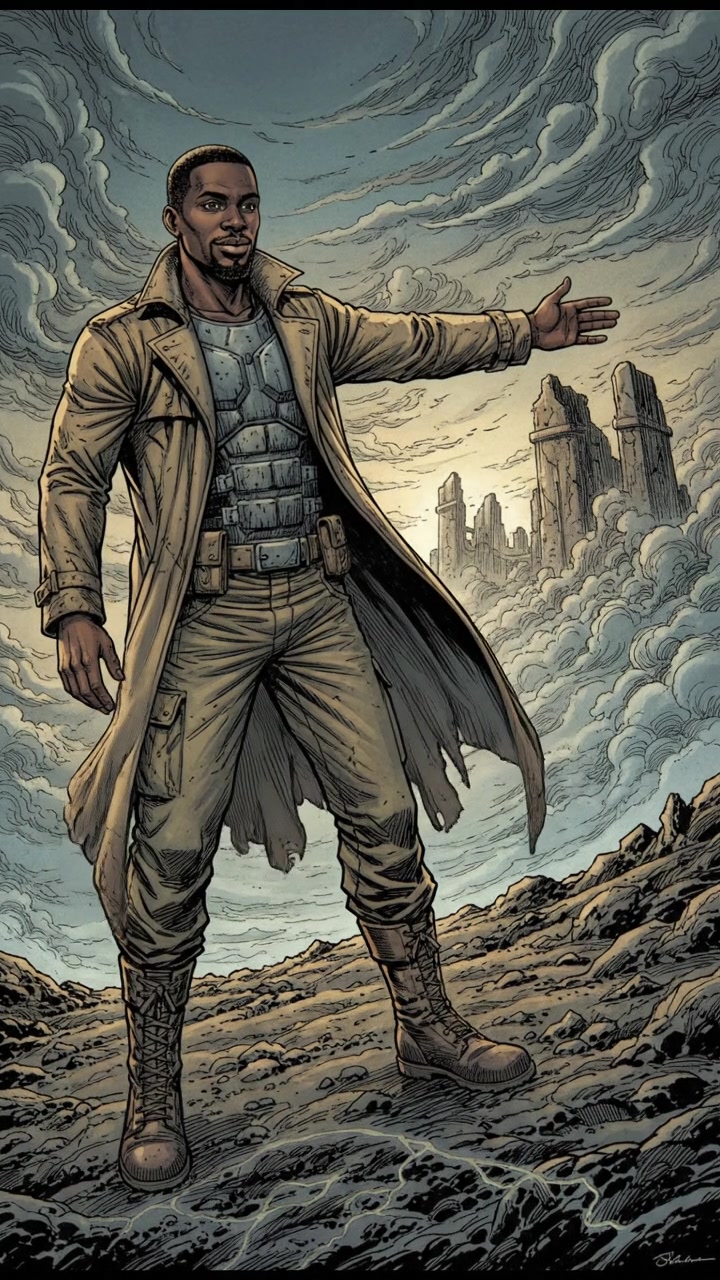 Isaiah standing proudly on a hilltop, gesturing towards the horizon as if revealing hidden history.