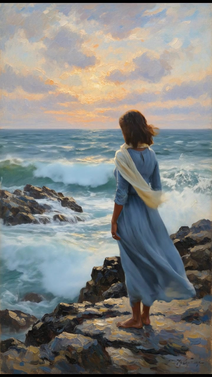 Monique standing on a rocky shore, watching the waves crash against the rocks.