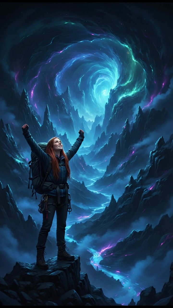 Emma standing triumphantly on top of a mountain peak, overlooking a vast valley.