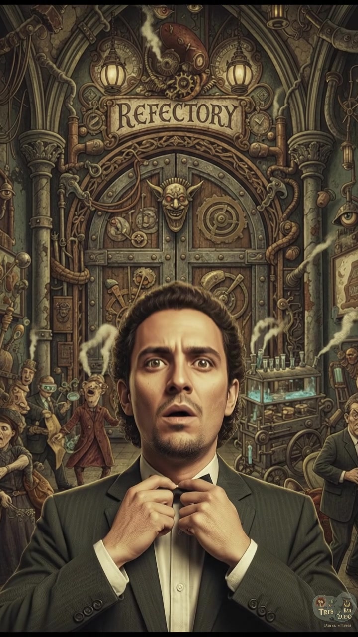 Mateo looking determined, taking a deep breath outside the cafeteria door.