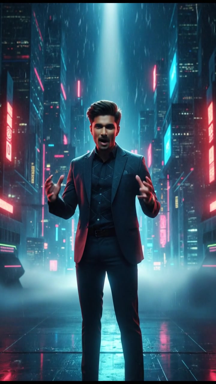 A wide shot of Arjun standing confidently at the edge of a stage, with a spotlight shining on him.