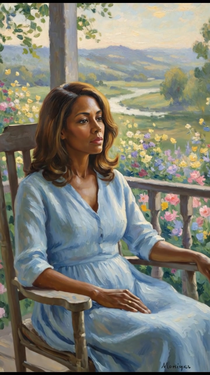 Monique sitting on a porch, gazing into the distance with a thoughtful look.