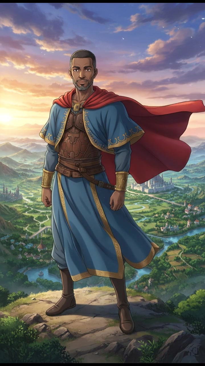 Kwame stands confidently atop a hill, surveying his future kingdom in the distance.