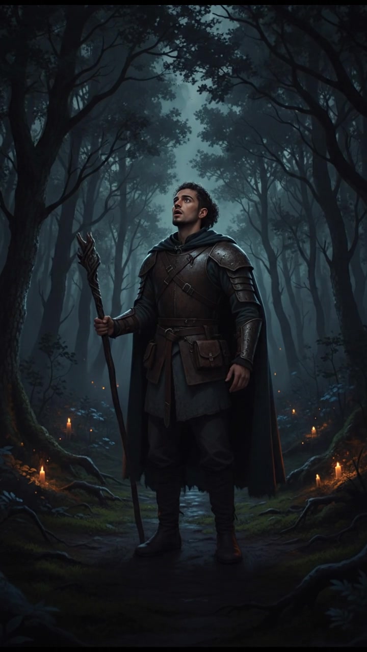 Mateo standing nearby, looking surprised, with the forest around them growing darker.