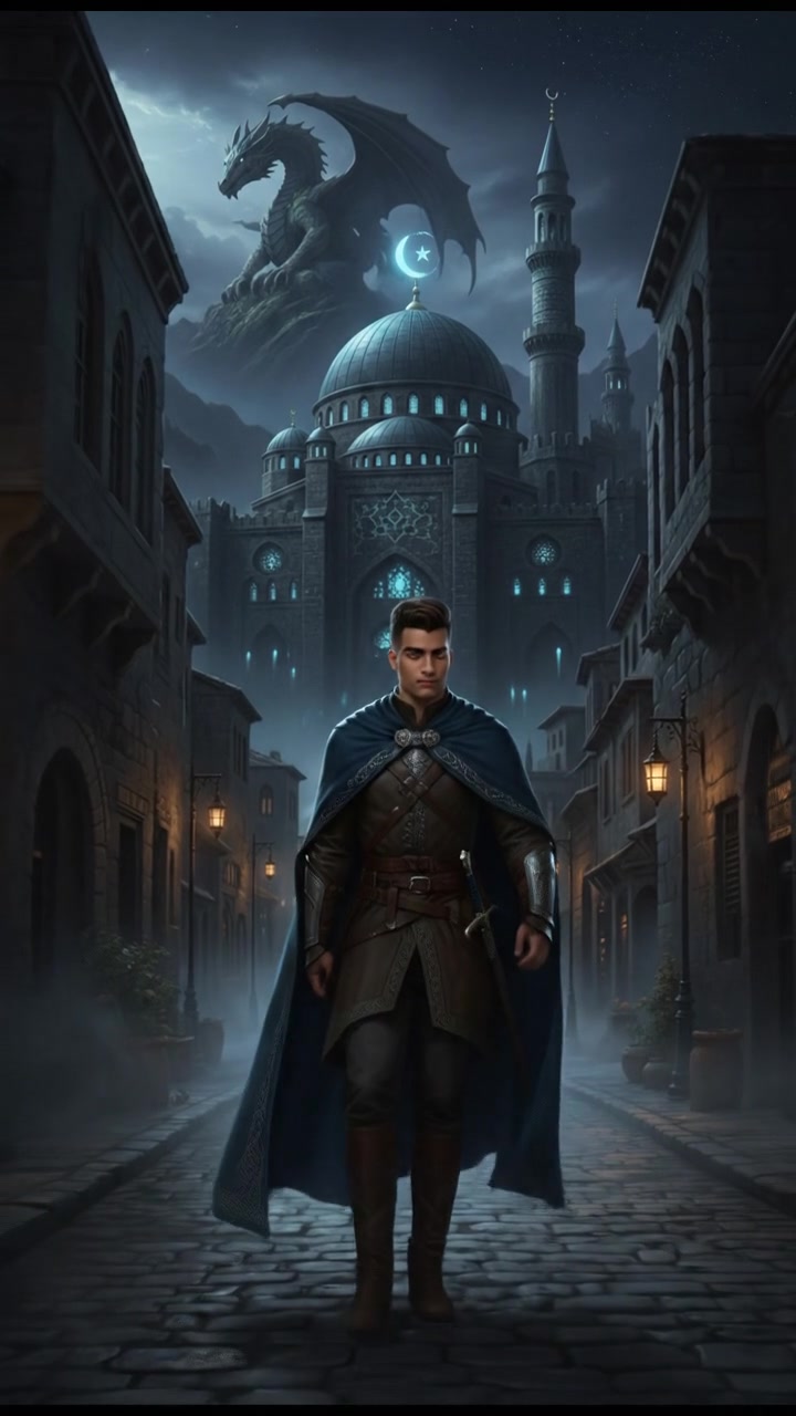 Amir walking towards a mosque at night, surrounded by a dark street and faint streetlights.