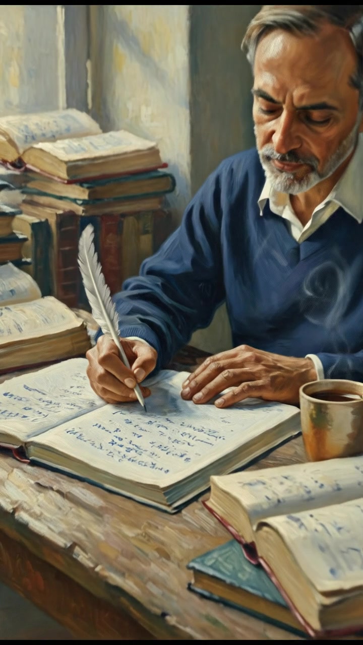 Raj sitting at a wooden table with a notepad, writing solutions to problems surrounded by books and a coffee mug.