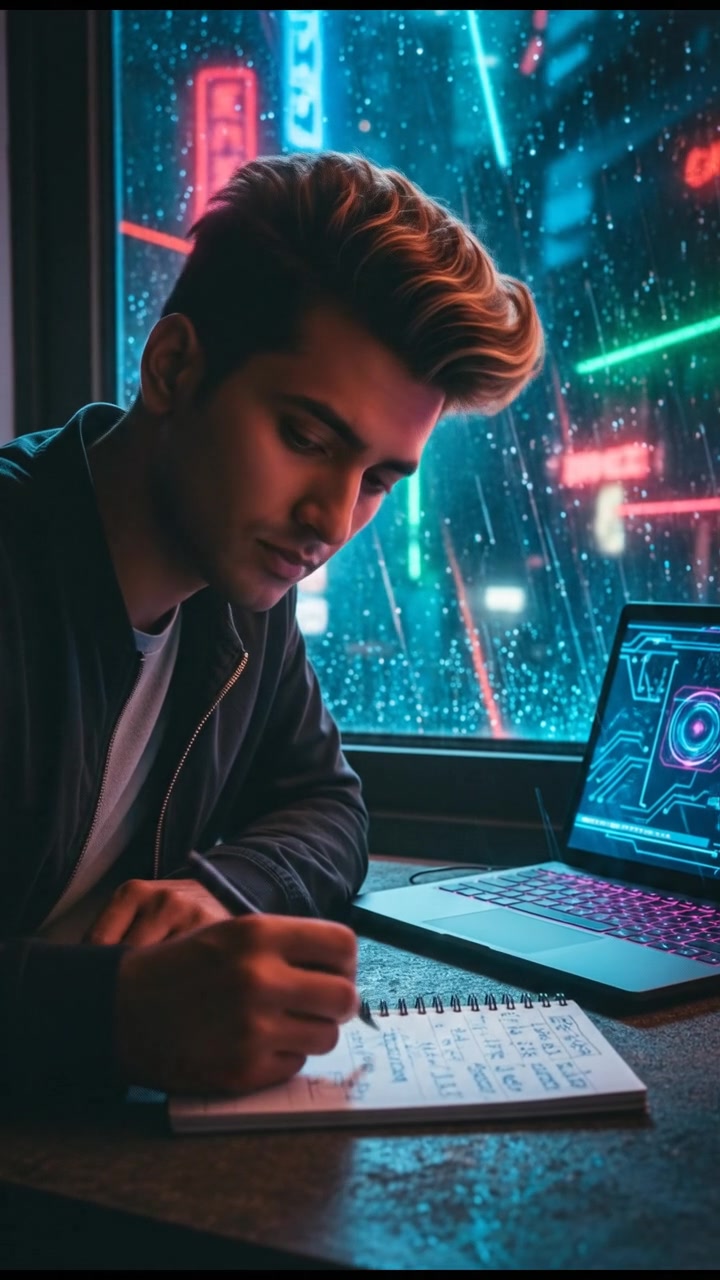 A close-up of Arjun looking thoughtfully at a notepad filled with notes, with a laptop open beside him.
