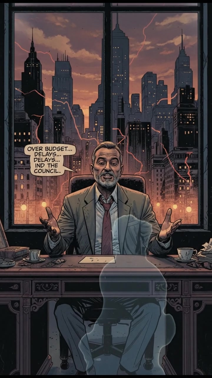 Raj sitting at the desk, facing a large window with a city skyline view, discussing with an invisible client.