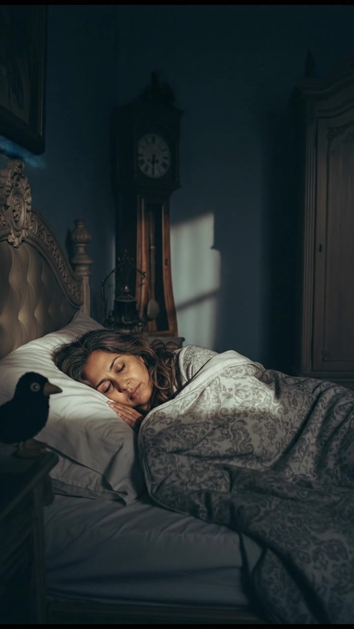 Asha peacefully sleeping in her bed, with soft pillows and a warm blanket in a dimly lit bedroom.