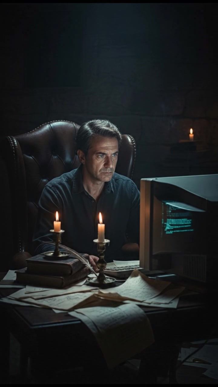 The Omar sitting in front of a glowing computer screen with papers scattered around, looking thoughtfully.