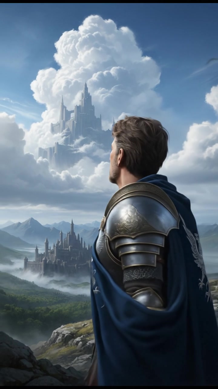 A close-up of Omar standing on a hilltop, gazing at a vast blue sky filled with fluffy white clouds.