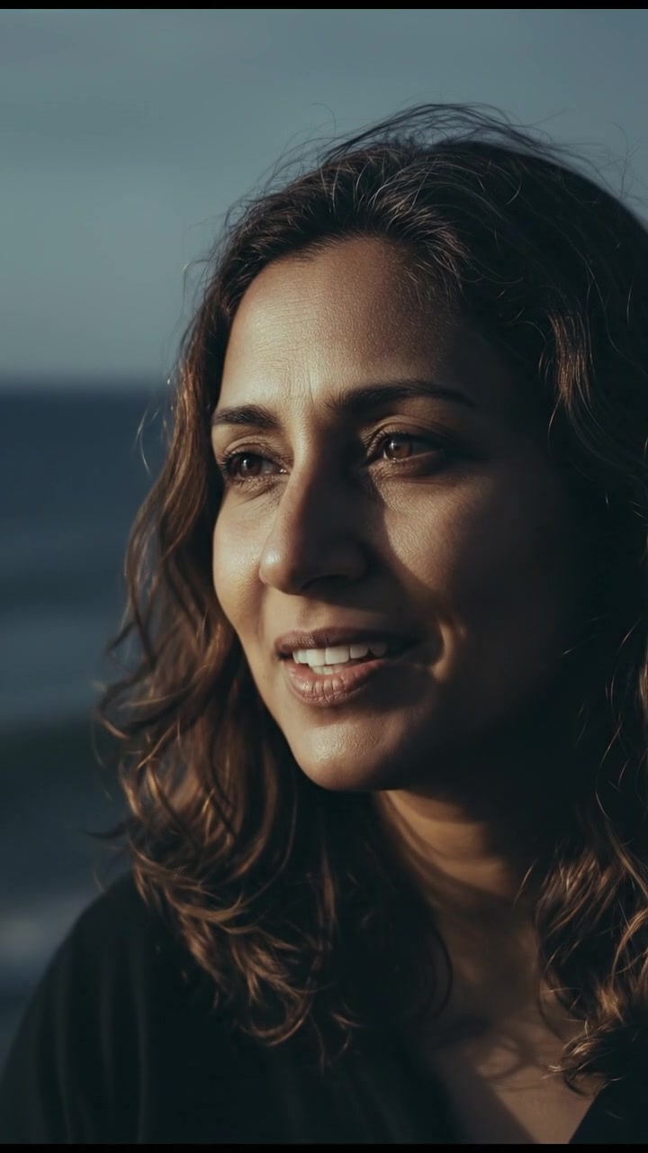 Asha's face close-up, her expression gentle as she speaks softly to the sea.