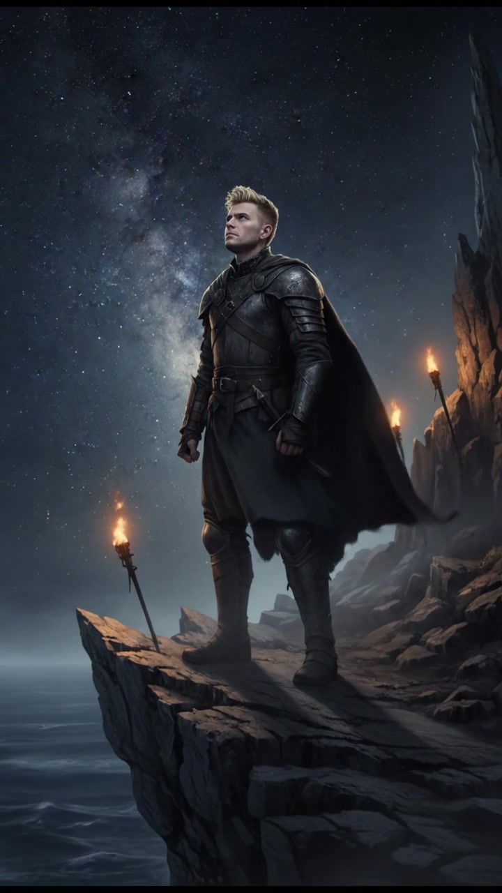 Ryan standing on a rocky cliff, looking out into a vast starry sky, with determination in his expression.