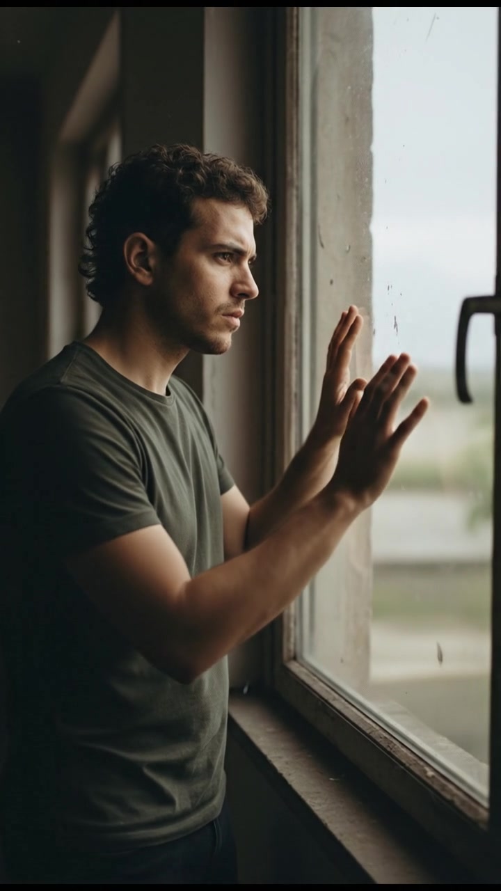 Mateo standing beside a window, looking outside, with a focused gaze, contemplating his words.