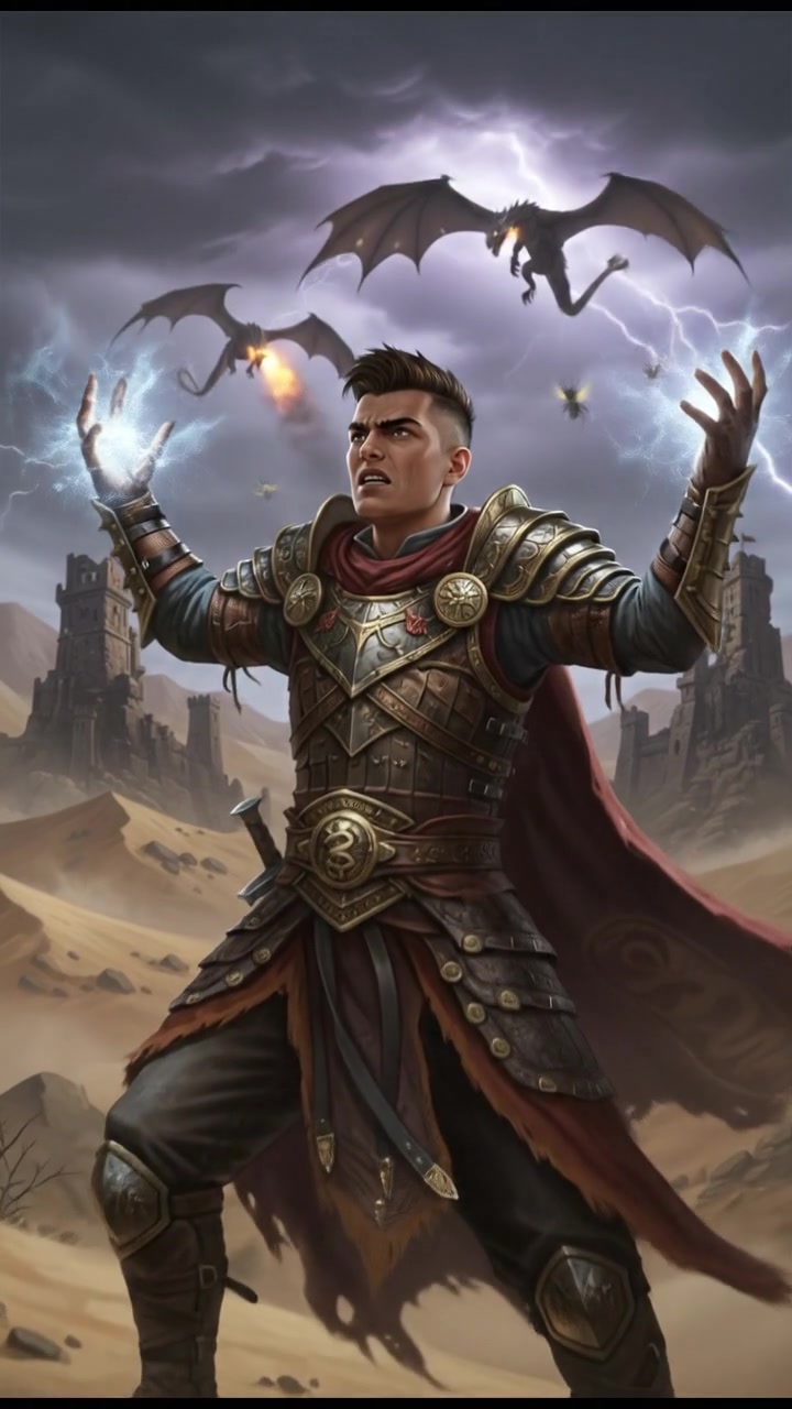 A vast desert landscape with Amir in the foreground, furiously raising his hands towards the sky.