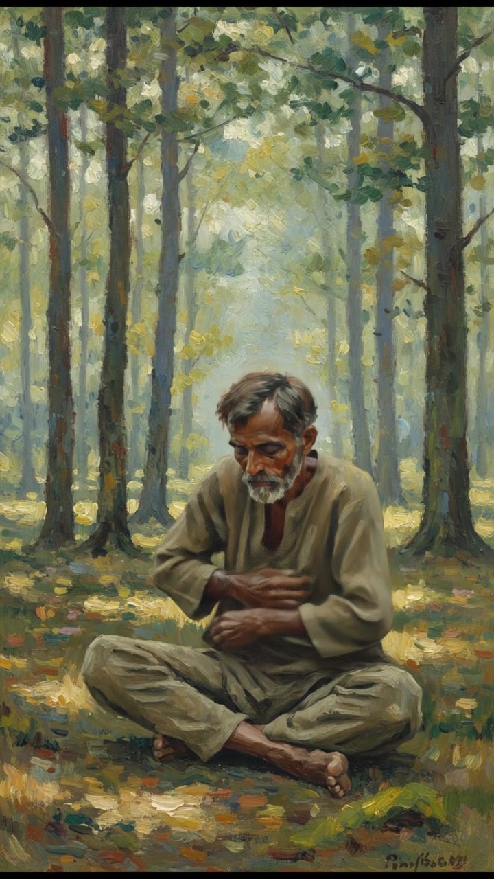 Raj sitting alone on the forest floor, looking weak and blind, surrounded by tall trees.