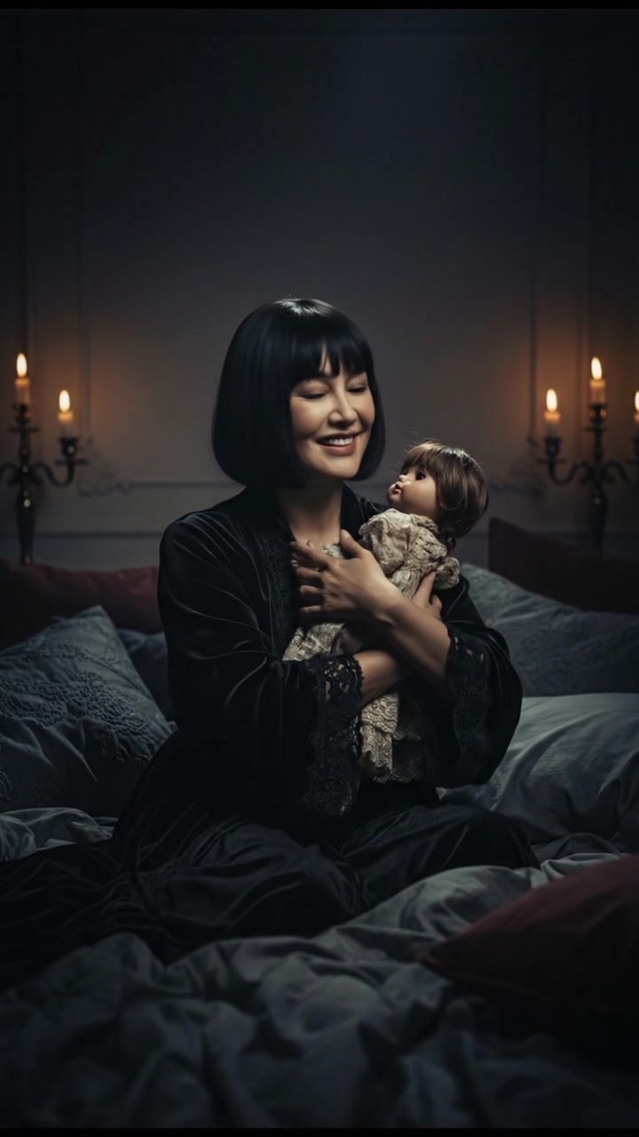 Li, sitting on a bed, happily holding a doll with a smile, surrounded by soft pillows.