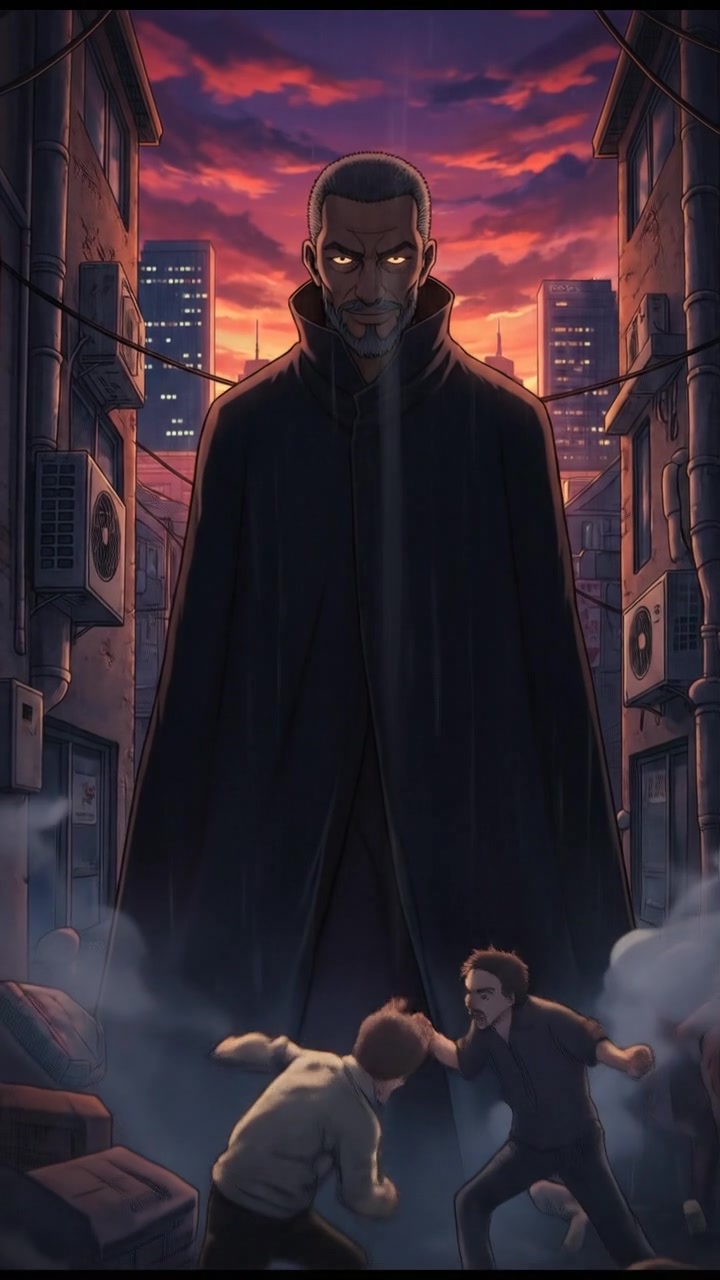 A shadowy figure of the Kwame lurking in the background of a city alley, ominously gazing at the chaos.