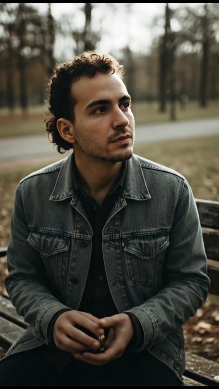 Mateo sitting on a bench in the park, reflecting while holding a small keepsake.