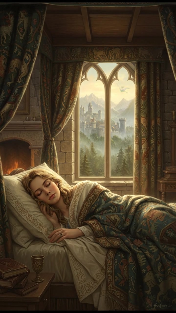 Ashley sleeping peacefully in a cozy bed, soft blankets covering her, the morning light gently streaming through the window.
