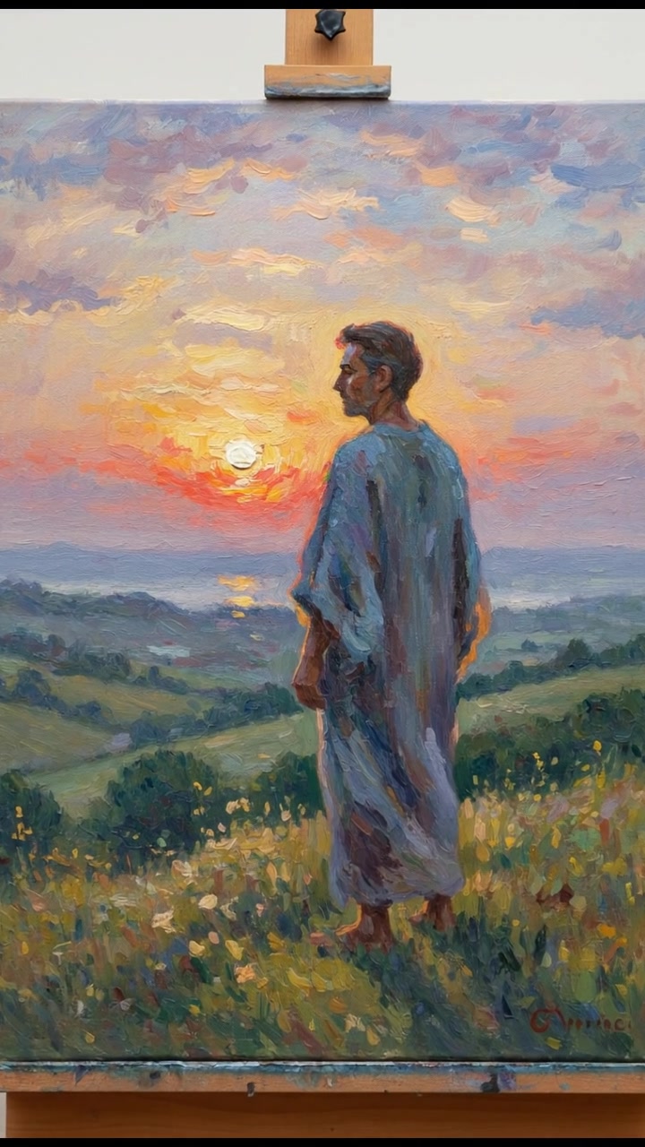 A lone figure, Omar, standing on top of a hill, gazing at the horizon as the sun sets.