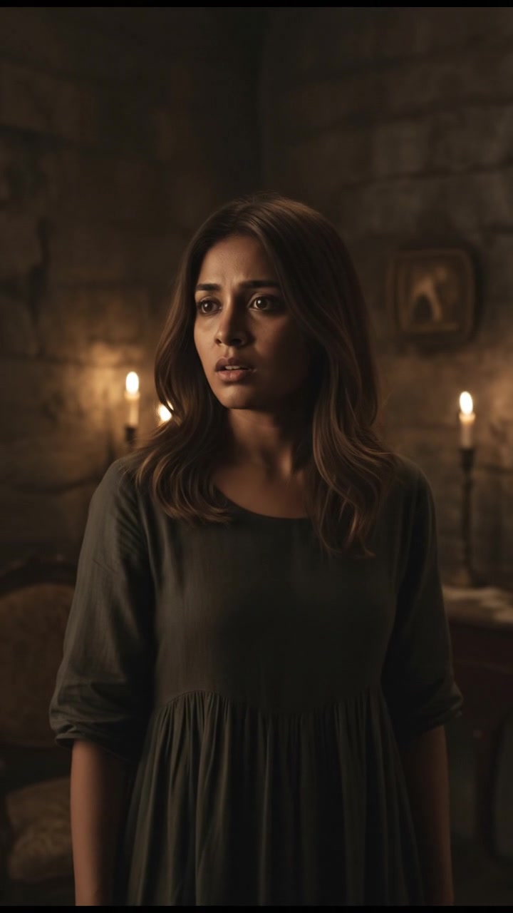 A close-up of Priya with a worried expression, standing in a dimly lit room, looking at something off-screen.