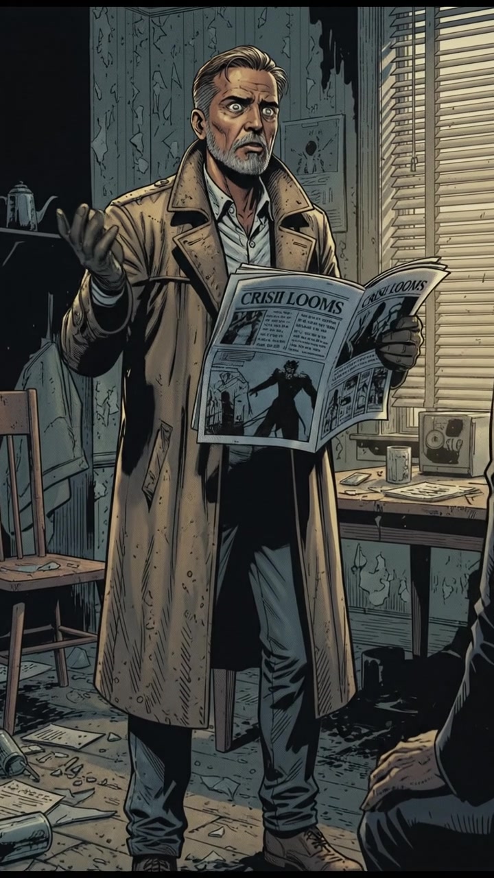Raj standing in a dimly lit room, holding a newspaper with a worried expression, discussing the situation.