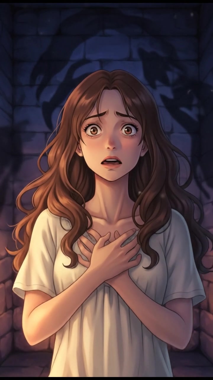 Maya stands in a dark room, looking frightened with shadows dancing on the walls.