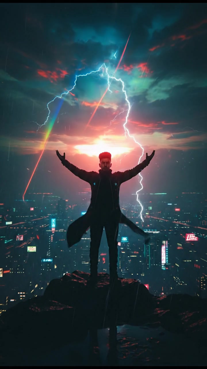 The Arjun stands atop a hill, arms raised to the sky, with a sunset behind him.