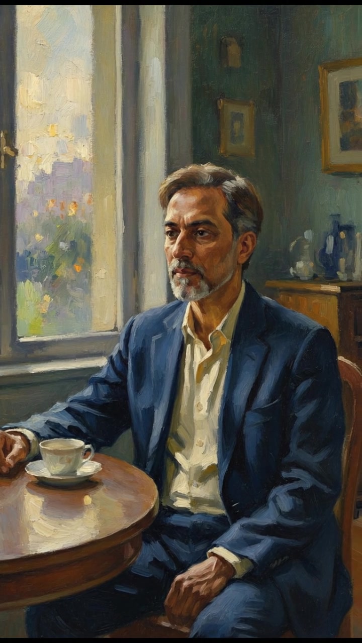 The Raj sitting alone at a table in a dimly lit room, staring into the distance.