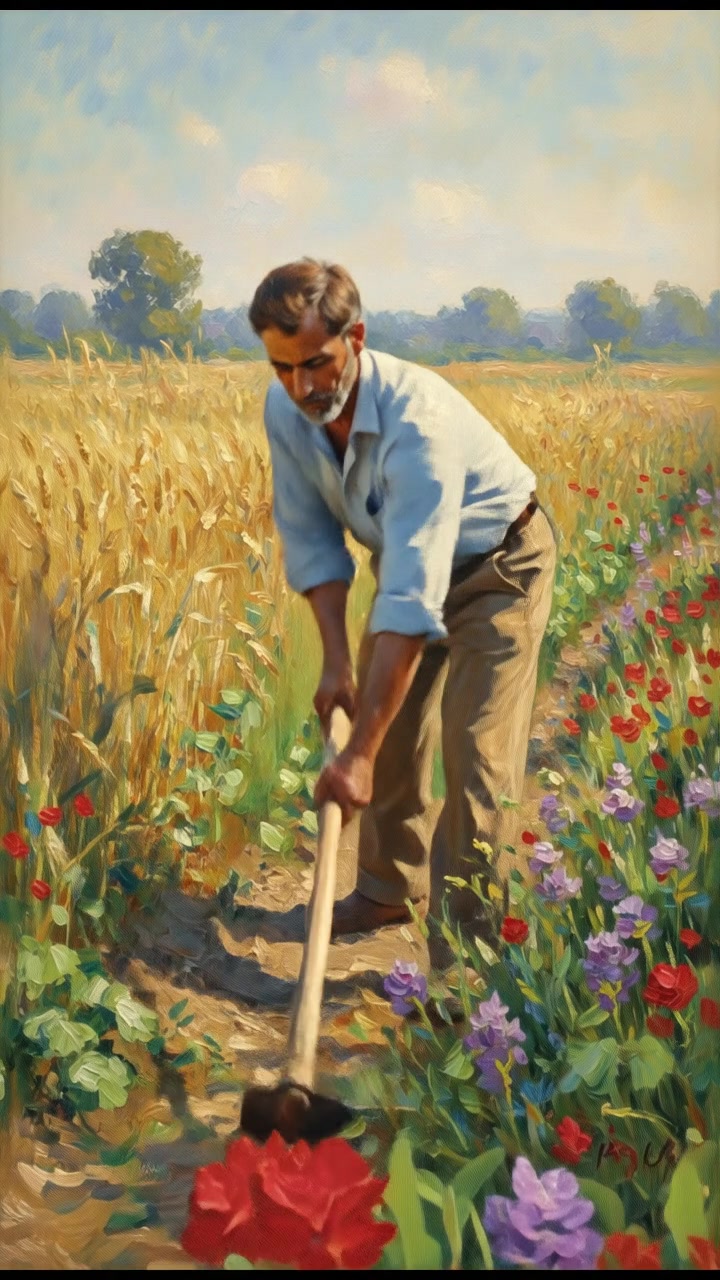 Raj working hard in the field, surrounded by vibrant crops swaying in the breeze.