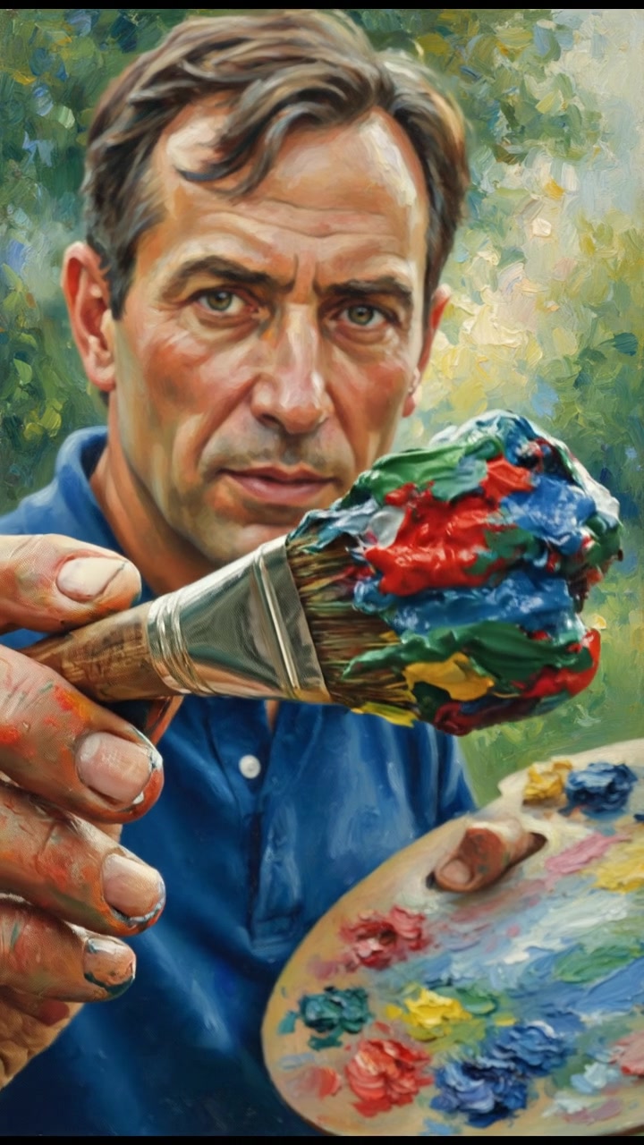 A close-up of a paintbrush held by Omar, with vibrant paint colors on the palette in the background.