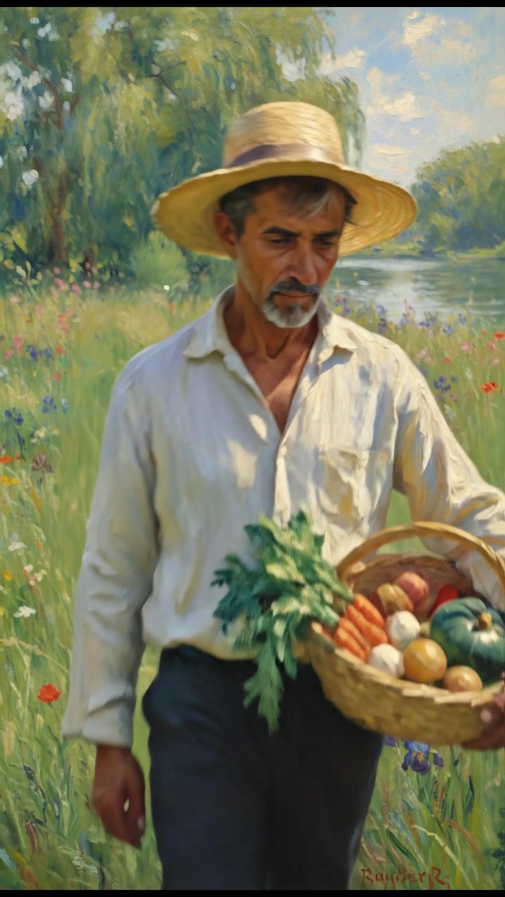 The Raj stands in a lush green field, holding a basket of freshly harvested vegetables, looking contemplative.